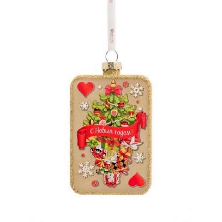 Новогоднее украшение Карта Черви с Елочкой стекло золотистая (2x6.5x11.4 см)